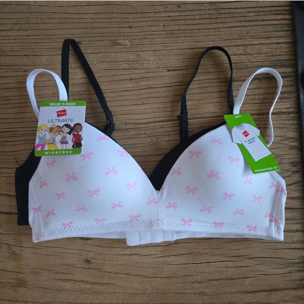 Hanes 2 Pack Wirefree Lined Wire Free Tee shirt Training Bra for Girls 30A New